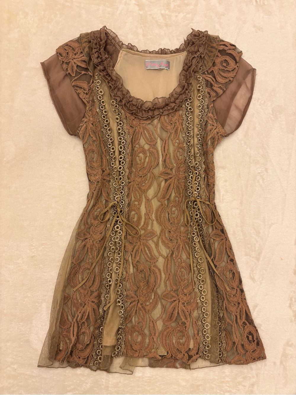 2000s Pretty Angel Brown Lace Mini Dress with Sheer Cap Sleeves